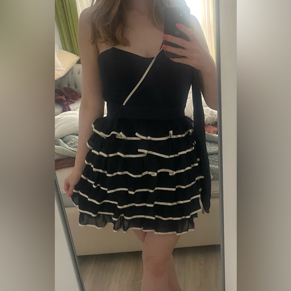 French Connection Navy and White One-Shoulder Dress